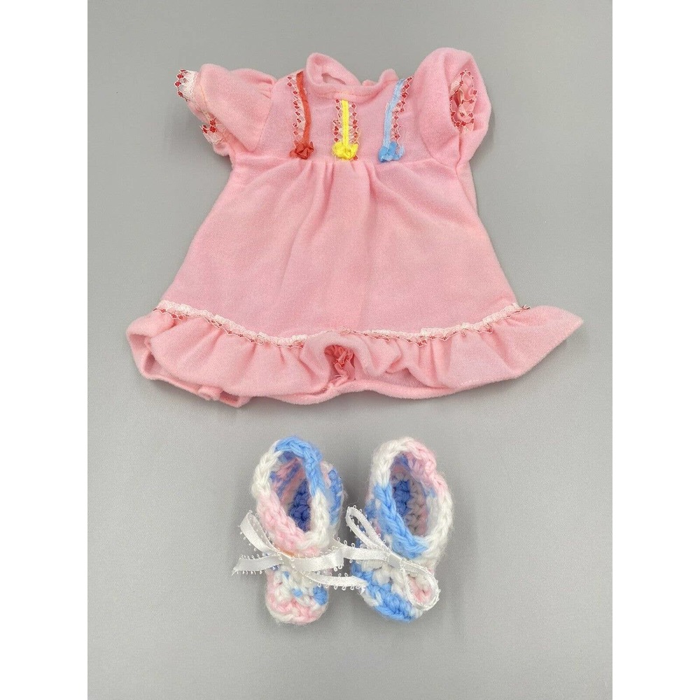 Vintage Pink Baby Or Baby Doll Pink Dress‎ W/ Knitted Booties Blue & Pink